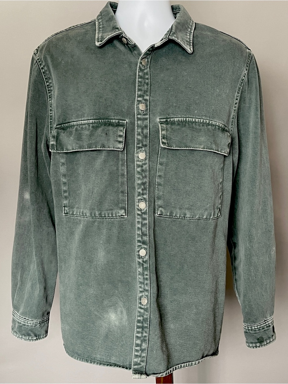 Zara Relaxed Fit Denim Trucker Jacket Faded Sage Button-Up Mens XL